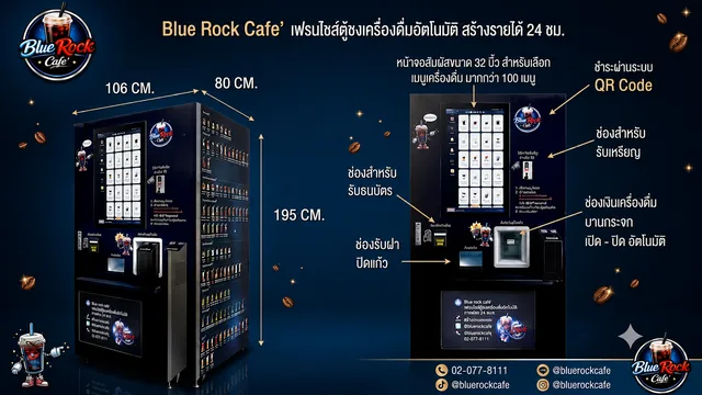 อินโฟกราฟิกรายละเอียดตู้ชงเครื่องดื่ม Blue Rock Cafe ขนาดกว้าง 106 เซนติเมตร ลึก 80 เซนติเมตร สูง 195 เซนติเมตร พร้อมตำแหน่งหน้าจอ ระบบชำระเงิน และช่องรับเครื่องดื่ม