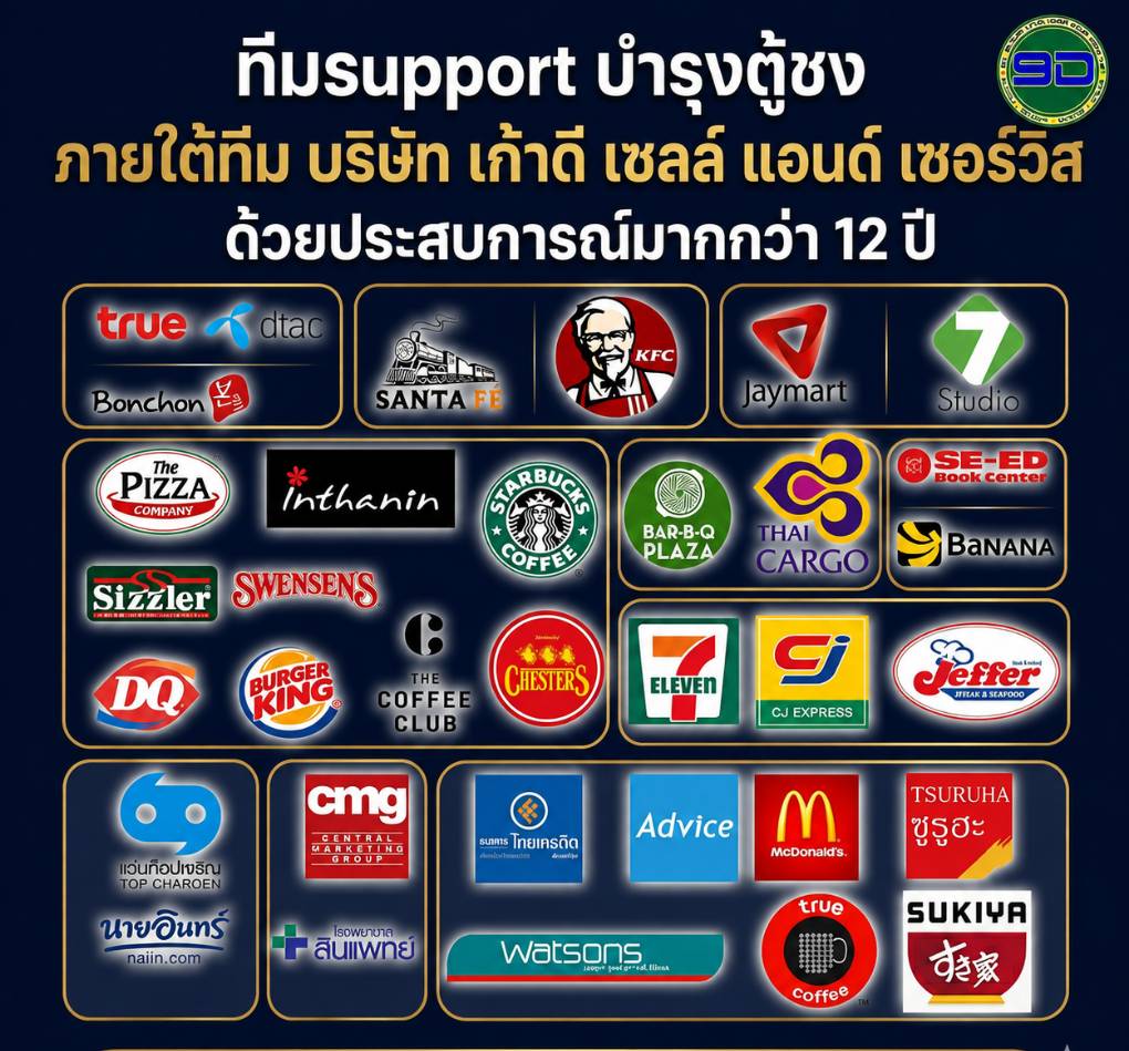 ทีม Support บำรุงตู้ชงภายใต้บริษัท 9D พร้อมรายชื่อลูกค้าที่เคยร่วมงาน